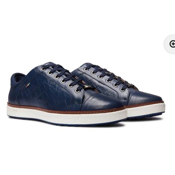 Mens Italian Napa Leather Spikeless Navy Golf Shoe Faux Crocodile Preppy Size 10 - Picture 3 of 10